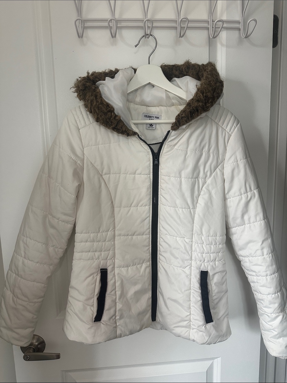 Celebrity Pink White Quilted Hooded Puffer Jacket with Brown Faux-Fur Trim